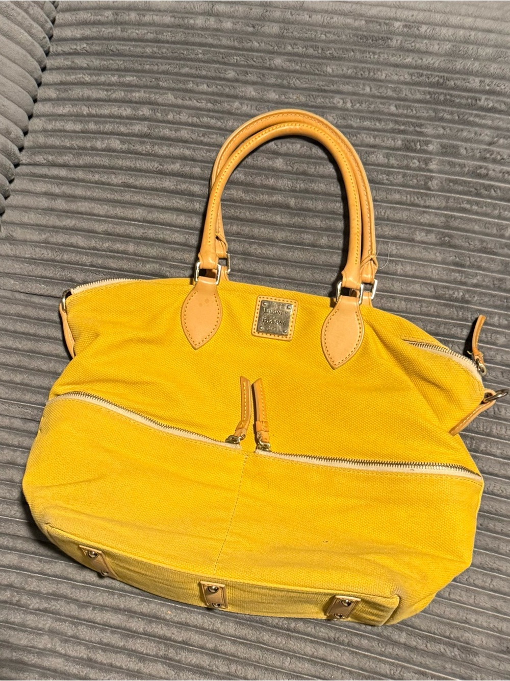 Dooney & Bourke  Mustard Yellow Canvas Crossbody Tote with Tan Leather Trim